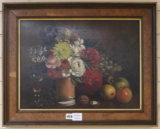 George Grosvenor Bullock (c.1826-1859) oil on canvas, Still life of flowers, fruit, nuts and a glass, signed and dated 1834, 37 x 50cm